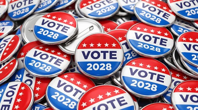 Badges marked for the twenty twenty eight national election demonstrate the importance of making a selection.