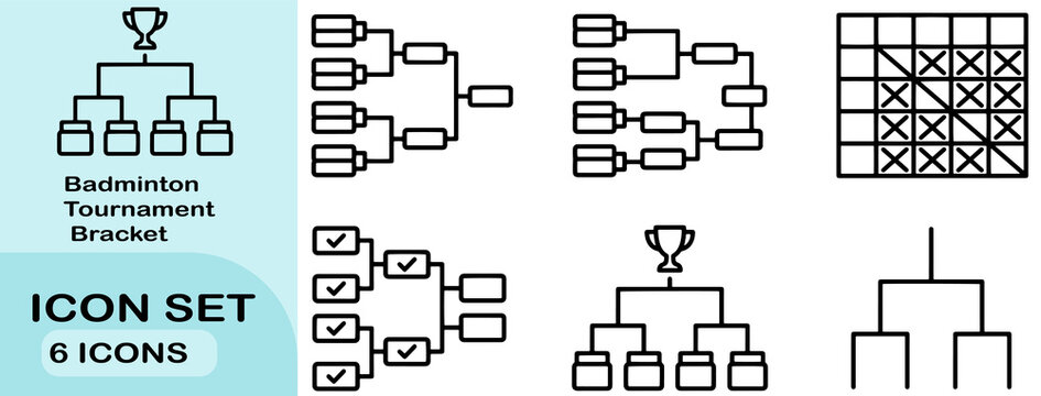 Badminton Tournament Bracket Icon Set, Sports Championship Schedule Grid, Tournament Chart and Elimination Match