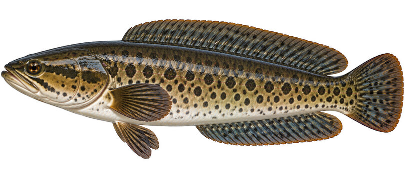Spotted snakehead freshwater fish with dark brown spots and long dorsal fin side view