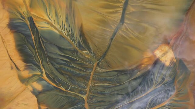  Aerial view of AMD acid mine drainage polluted waters. Natural pattern. Environmental pollution