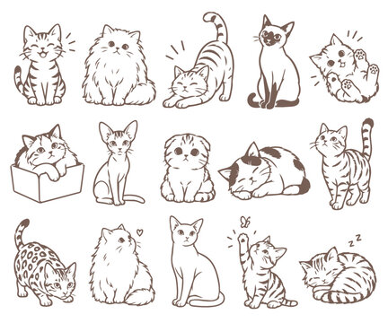 ポーズや猫種が豊富なかわいい猫の白黒線画イラストセット（ネコ, 子猫, ペット, 動物病院, ライフスタイル, ベクター, 素材） / Cute cats line art vector icon set