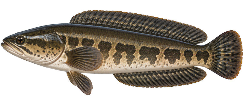 Snakehead freshwater fish with dark brown blotches and long dorsal fin side view