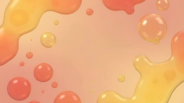 Vibrant 3D video background featuring floating orange and yellow serum liquid droplets forming a frame, ideal for organic cosmetic, vitamin C skincare, and beauty product presentation