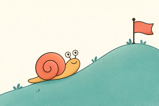 Determined Snail Climbing Hill Toward Goal Flag