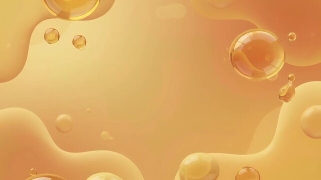 Elegant abstract video background with flowing golden liquid waves and transparent bubbles forming a frame, ideal for luxury cosmetic, beauty skincare product presentation, and promotional content