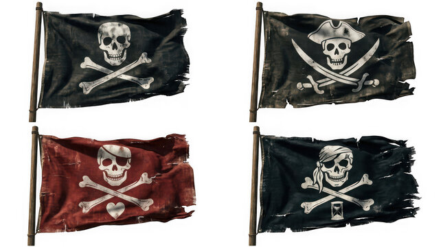 Set of four different pirate flags with skull and crossbones designs isolated on transparent background