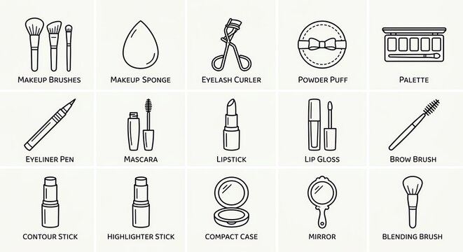 Clean vector line art icons showcasing various makeup brushes cosmetics packaging and beauty application tools