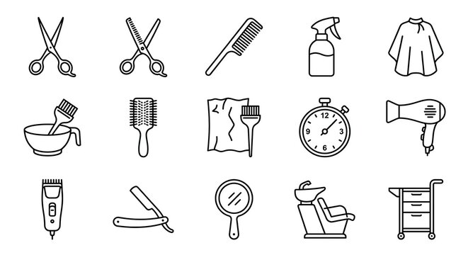 Detailed line art icon set depicting hair salon tools barber equipment and professional hairdressing supplies