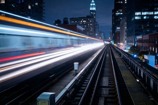 Nighttime cityscape with light trails from moving vehicles on an elevated railway track