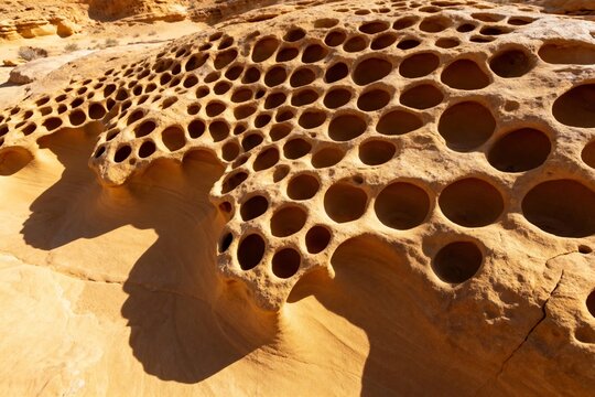 Close-up of honeycomb-like rock formations with circular holes in a desert landscape