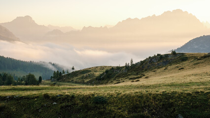 Fototapeta premium Breathtaking sunrise over Passo Giau in the Dolomites, Italy