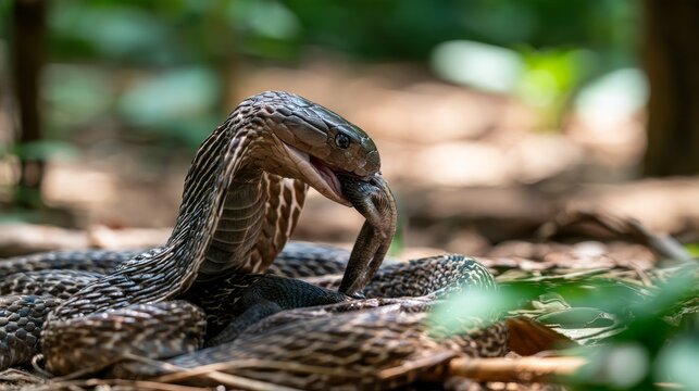 King cobra eating a snake in the wild, showing predatory behavior, reptile feeding, wildlife survival, natural food chain, hunting instinct, and the raw struggle for survival in nature