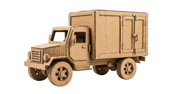 Handmade cardboard truck model isolated on transparent background