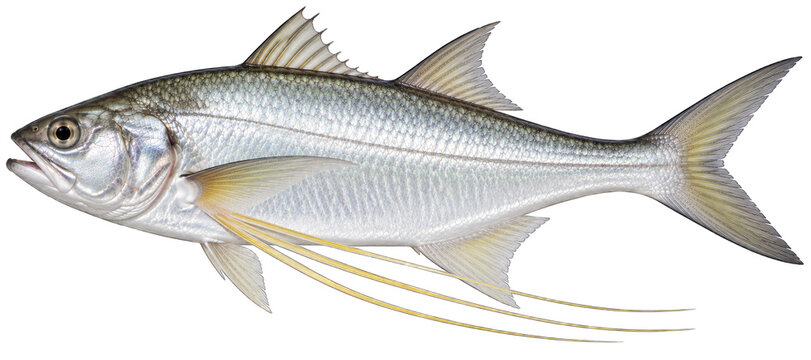 Threadfin marine fish with silver body long pectoral filaments and yellow fins side view