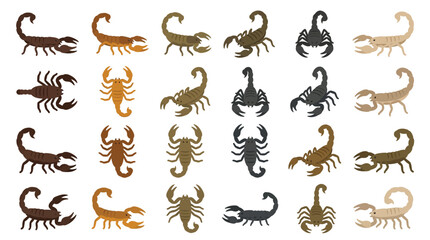 Obraz premium Set of various scorpion illustrations in different colors and poses on a white background.