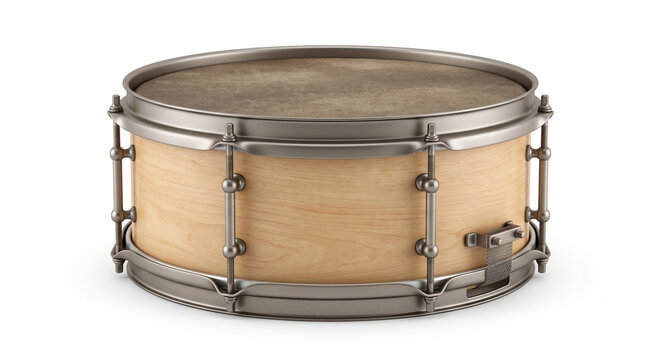 wooden snare drum musical instrument, acoustic percussion drum shell, metallic chrome rim marching drum, professional rhythmic orchestra gear, studio sound performance equipment, classic musical percu