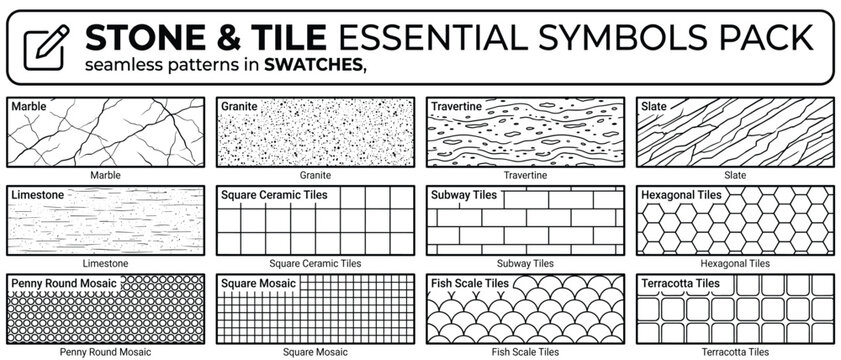 Stone and tile seamless swatch patterns. Marble, granite, travertine, slate, limestone textures. Subway, hexagonal, fish scale, penny round mosaic tiles. Black line material drawing vector set