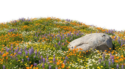 Fototapeta premium Vibrant wildflower meadow with colorful poppies and lupines surrounding a large boulder isolated on transparent background