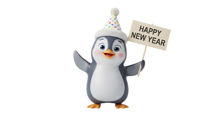 Fototapeta premium Cute d cartoon penguin wearing a festive polka dot party hat and holding a wooden sign that says happy new year isolated on a transparent background for seasonal celebratory greeting designs