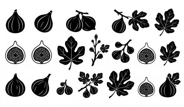 Botanical Fig Fruit Silhouette Branch and Leaf Black Vector Illustration Set