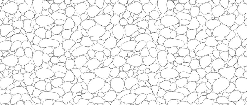 Seamless pebble stone line pattern. Rounded river rocks, cobblestone and gravel outlines in black stroke. Irregular stone texture, landscape paving hatch swatch on white background. Vector