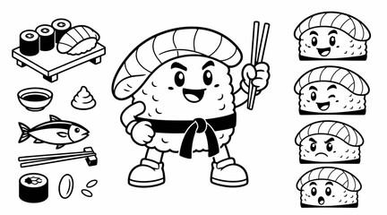 Obraz premium Kawaii sushi roll mascot with Japanese food icon set.