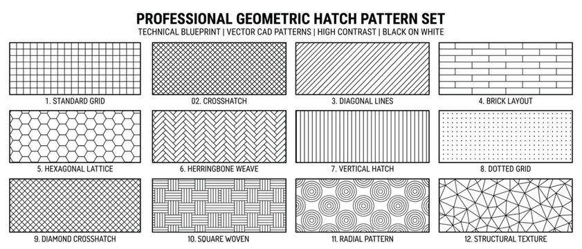 Geometric hatch seamless patterns. Grid, crosshatch, diagonal lines, brick layout, hexagonal lattice, herringbone weave, dotted grid and radial textures. Blueprint black on white vector set
