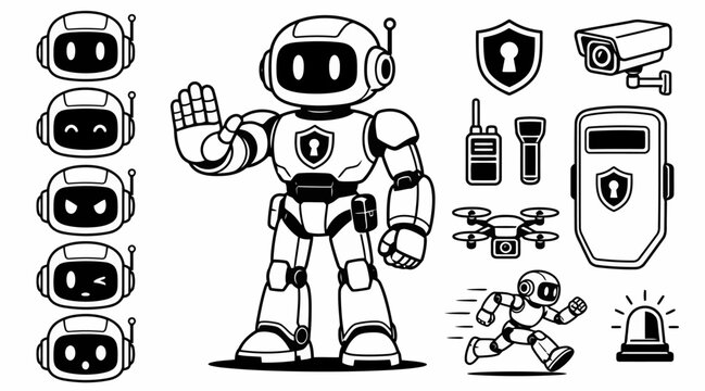 Security robot mascot set with high-tech surveillance icons.