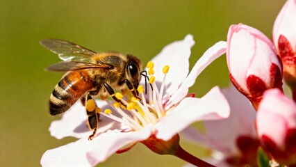 Honeybee collecting pollen from a pink flower in a natural setting © junrong