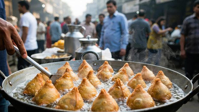 Samosas deep frying in a large pan on a busy street food stall in india