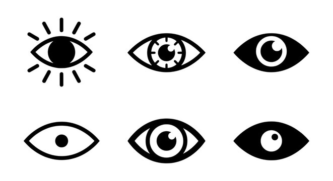 Six different eye icons are presented in black silhouettes on a clean white background.