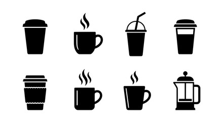 Fototapeta premium Collection of black silhouette icons representing various hot and cold beverages and coffee brewing equipment.