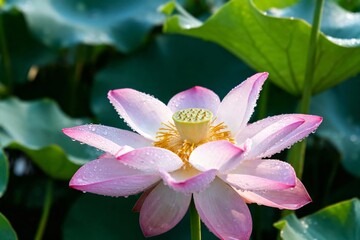 A pink lotus flower in bloom with water droplets on petals, surrounded by green leaves in a natural pond setting. © junrong