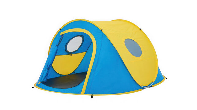 Blue and yellow pop up camping tent for outdoor activities isolated on transparent background