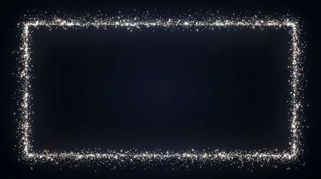 Rectangular silver glitter border frame on a dark minimalist background.