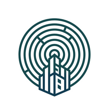 Abstract Circular Maze Pattern with Geometric City Building Silhouette