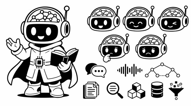 Robot AI assistant cartoon character with technology and data icons.