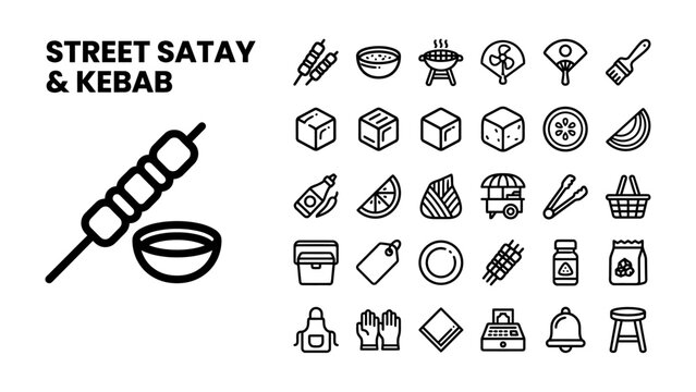 Street Satay and Kebab Icons: A collection of minimalist line art icons representing various elements of street food, including satay skewers, kebabs, grilling tools, ingredients.