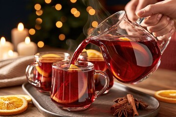 Obraz premium Hot mulled wine being poured from glass pitcher into clear mugs with orange slices, cinnamon sticks and star anise on wooden tray, warm candlelight background