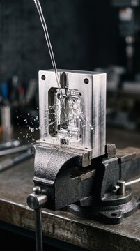 Coolant fluid splashing during precision high speed CNC metal machining process of stainless steel mold clamped in industrial bench vise tool inside workshop