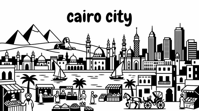 cairo egypt city skyline urban architecture downtown landmark travel tourism world famous vector pyramids nile sphinx egyptian heritage bazaars museums desert