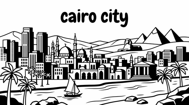 cairo egypt city skyline urban architecture downtown landmark travel tourism world famous vector pyramids nile sphinx egyptian heritage bazaars museums desert