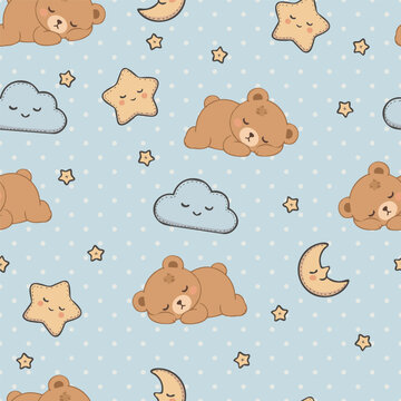 Cute Sleeping Teddy Bear Seamless Pattern Pastel Hand Drawn Kids Design