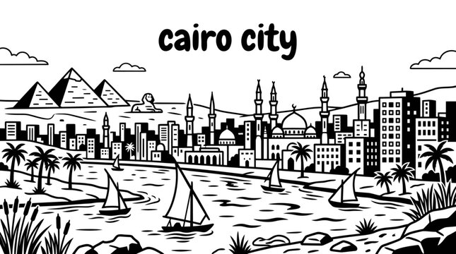 cairo egypt city skyline urban architecture downtown landmark travel tourism world famous vector pyramids nile sphinx egyptian heritage bazaars museums desert