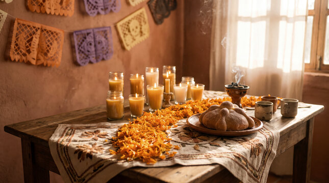 Warm rustic table with candles, marigold petals and sweet bread for Dia de Muertos ofrenda