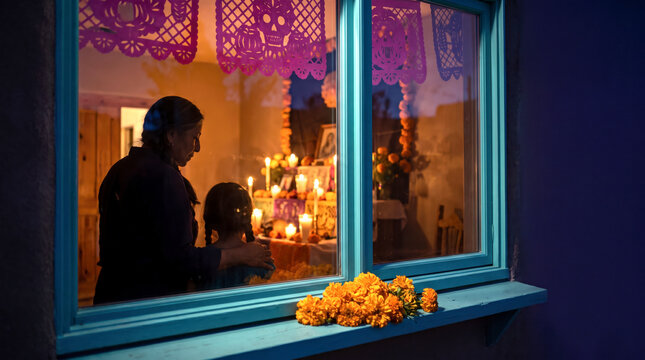 Silhouetted mother and daughter seen through blue window before Mexico Day of the Dead altar