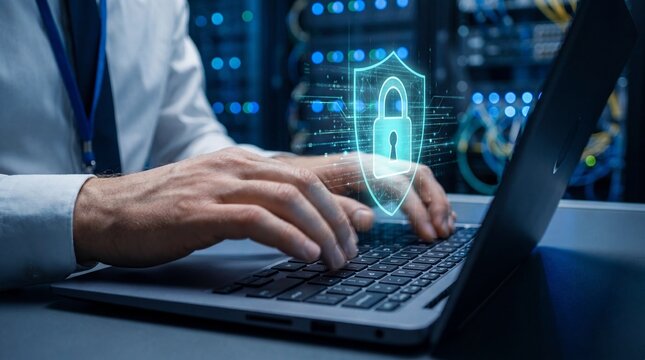 Cybersecurity expert typing on laptop with digital shield lock icon