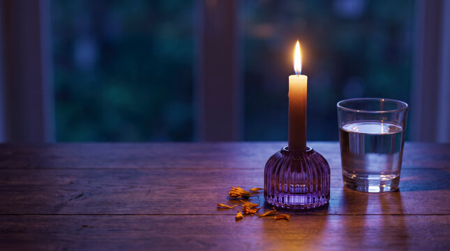 Solitary candle and glass of water with scattered marigold petals for Day of the Dead