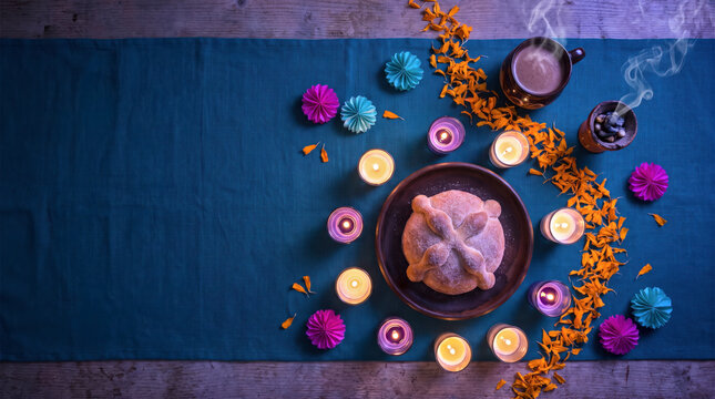 Overhead view of sweet bread ringed by candles and marigold petals for Dia de Muertos