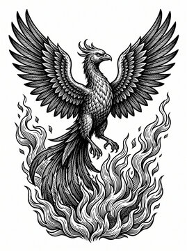 Black and white illustration of a phoenix rising from flames  